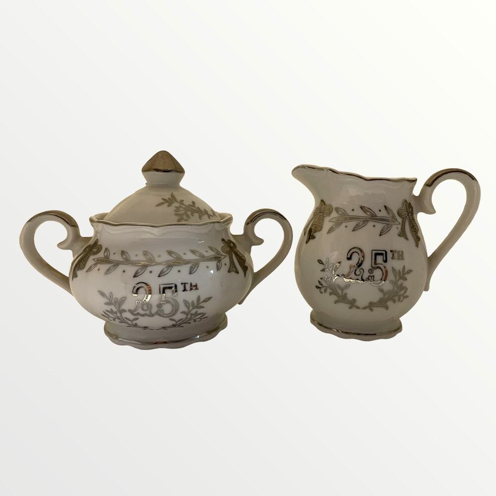 Vintage Lefton Sugar and Creamer set for 25 year silver anniversary